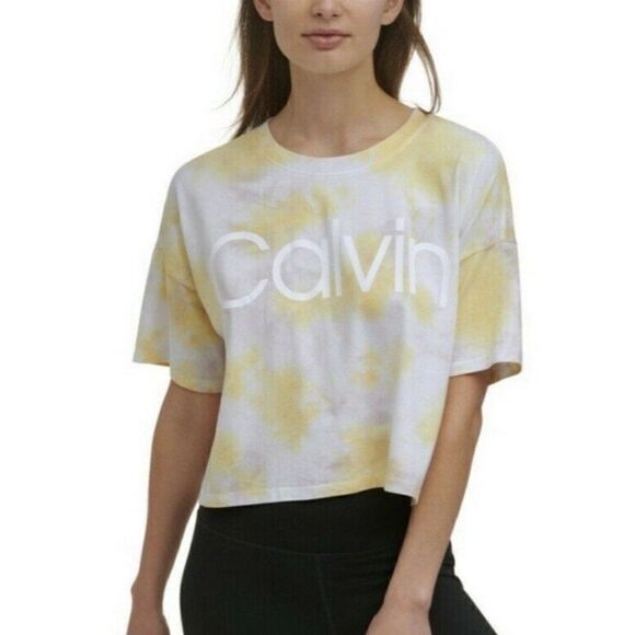 Calvin Klein Women's Daffodil Yellow Tie Dye Cropped T-Shirt Extra Large NWT - Picture 1 of 8